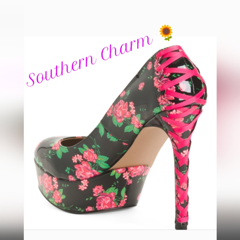 Betsey Johnson Black and Pink Floral Heels